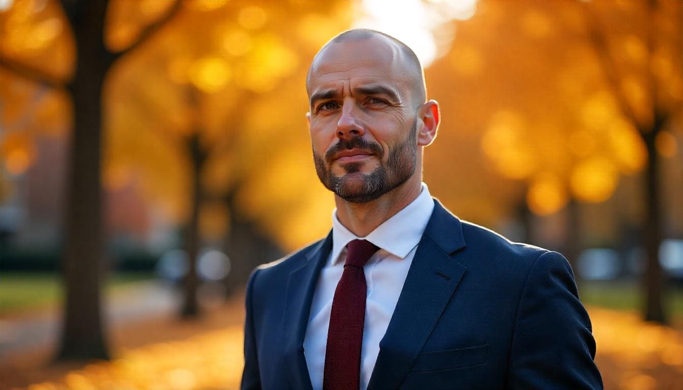 Man with a bald head and a classic goatee, dressed in casual attire.